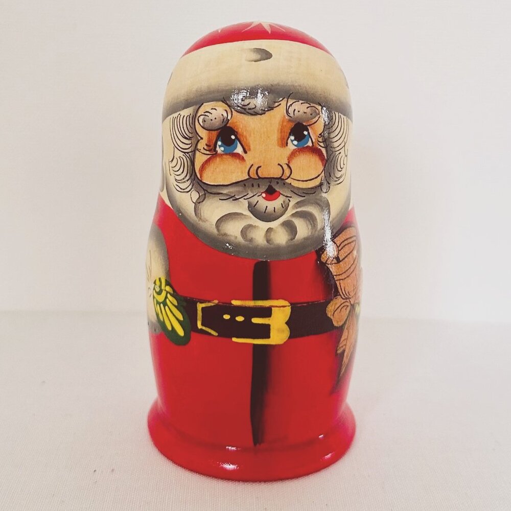 Vintage Hand-Painted Santa Nesting Dolls — Set of 5 Wooden Matryoshka, 4" Tall
